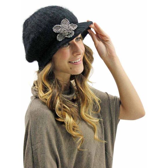 Angora Knit Newsboy Hat With Beaded Flower - Picture 3 of 8